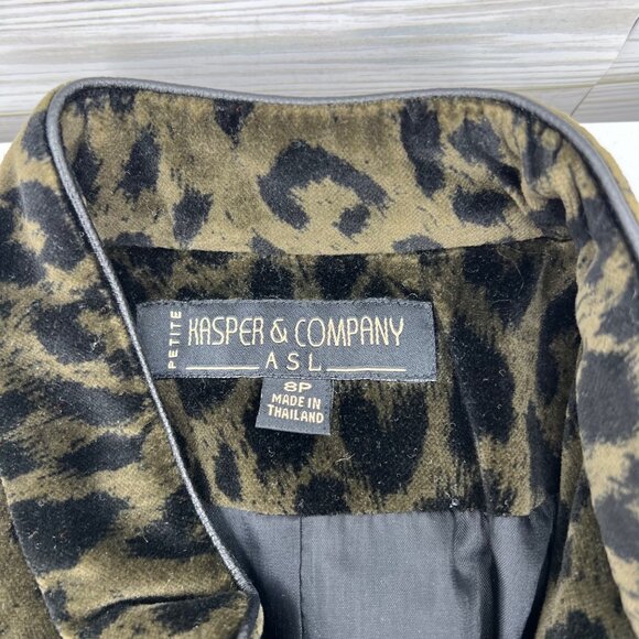 Kasper & Company Petite Leopard Print Blazer Jacket 8P Black & Brown Cotton Blen - Picture 2 of 5